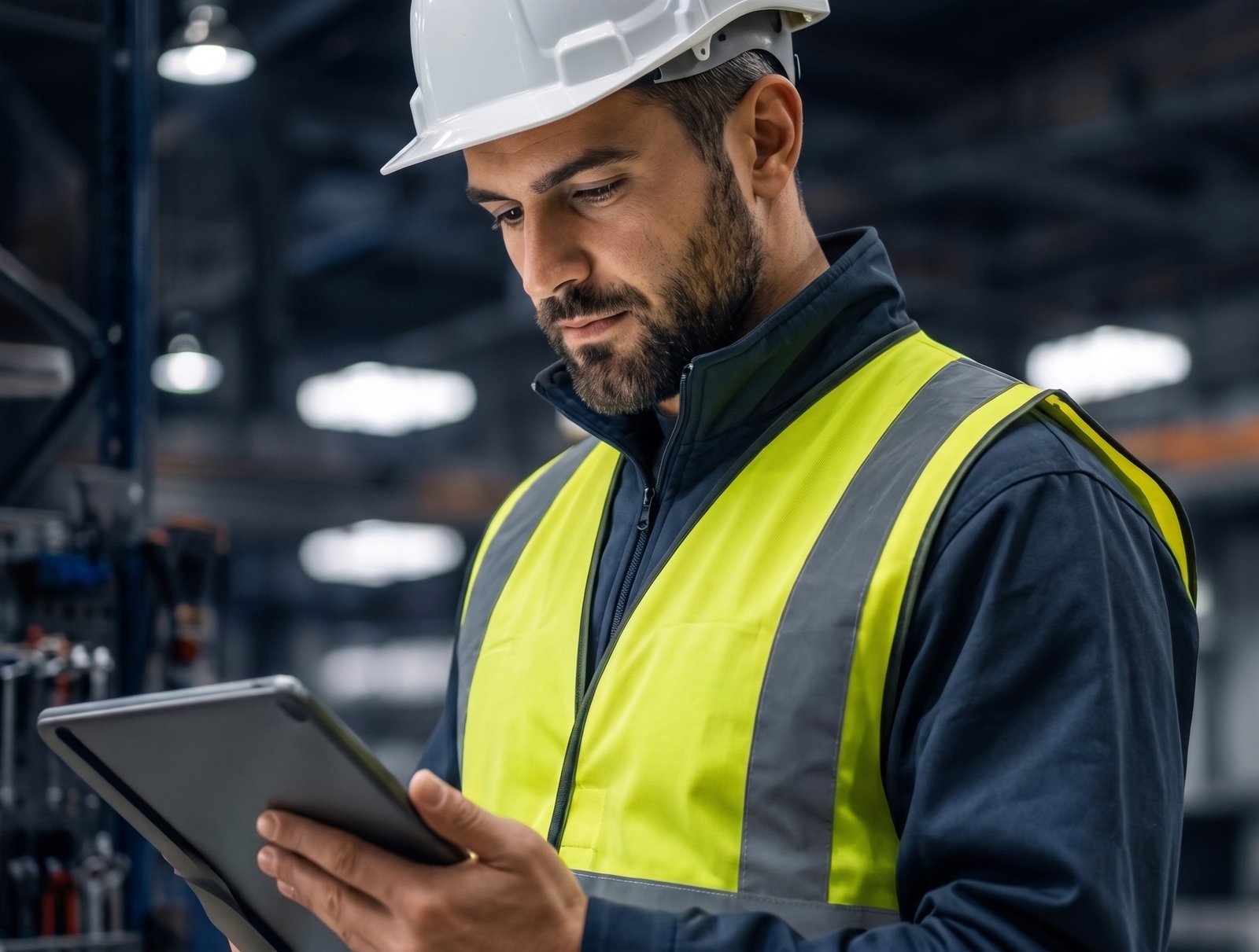 Field engineer reviewing commissioning data on a tablet