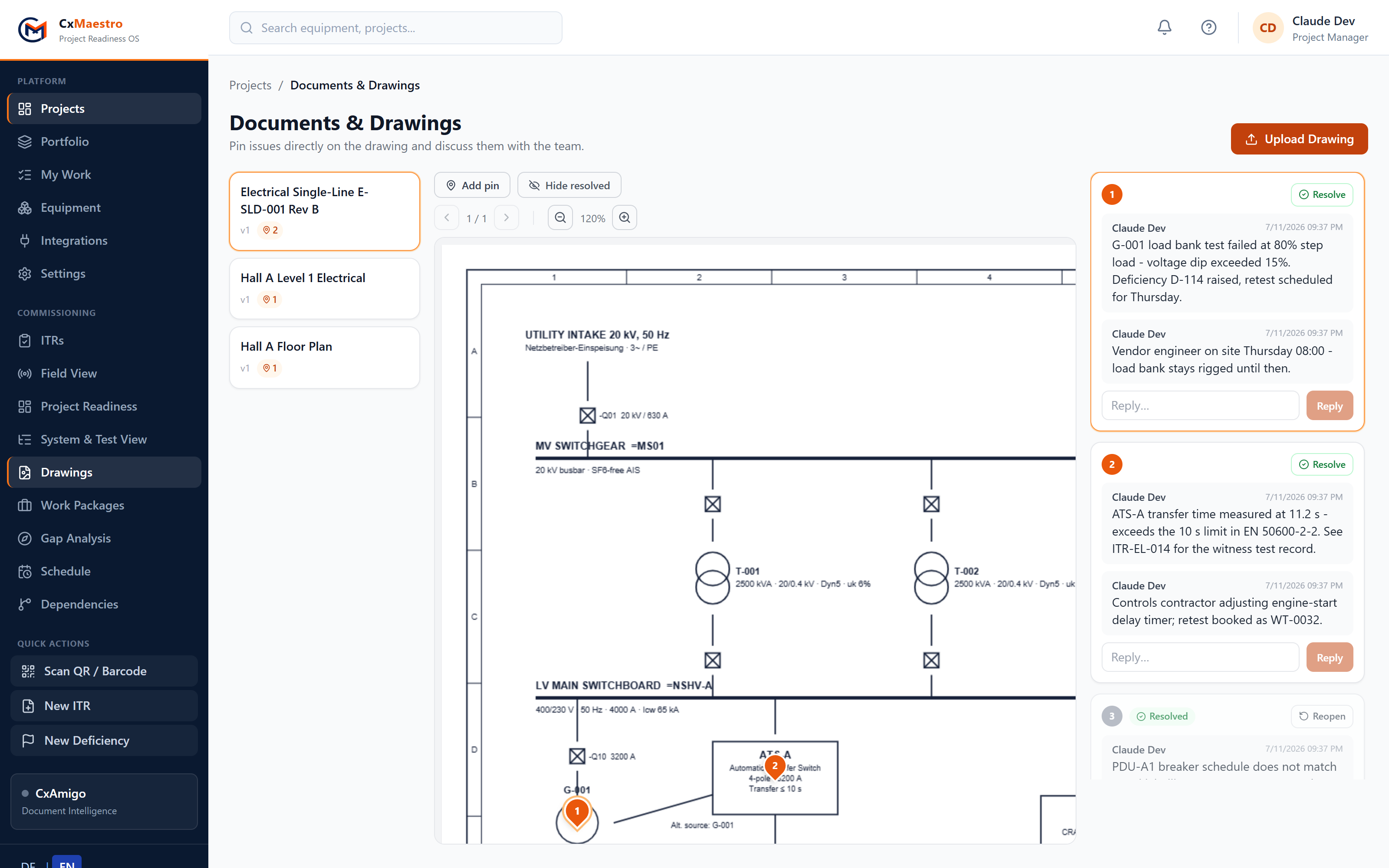 Documents & Drawings view: a data-center single-line electrical schematic with numbered annotation pins and a threaded comment sidebar